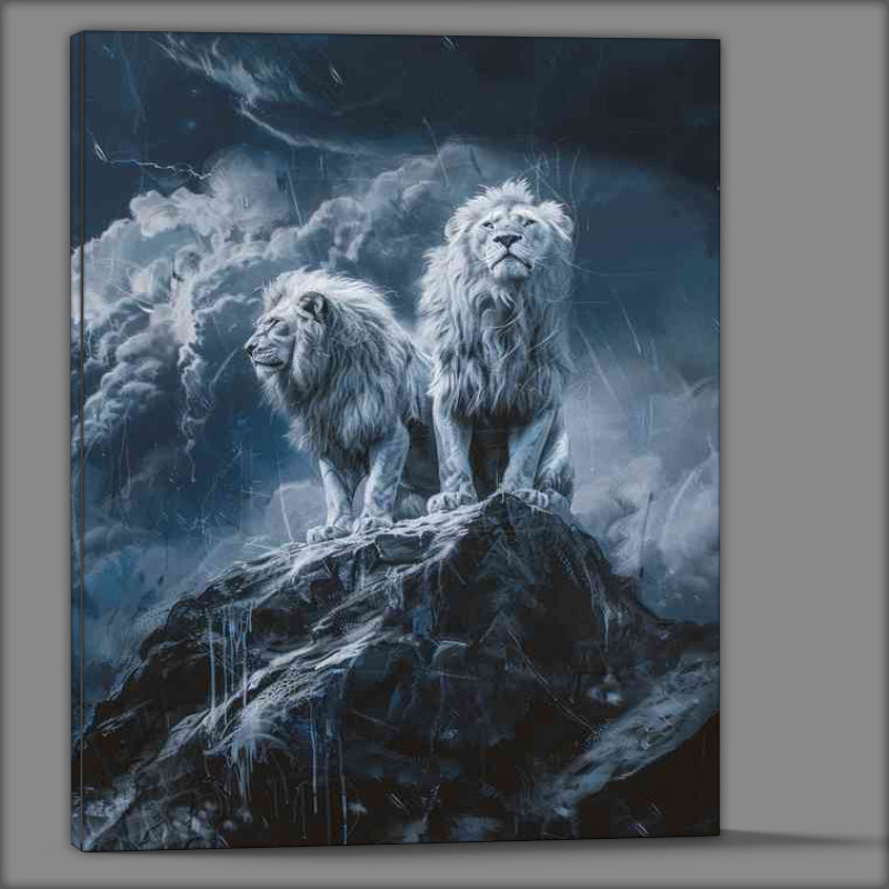 Buy Canvas : (Two white lions standing on a rock)