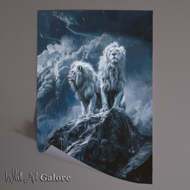 Buy Unframed Poster : (Two white lions standing on a rock)