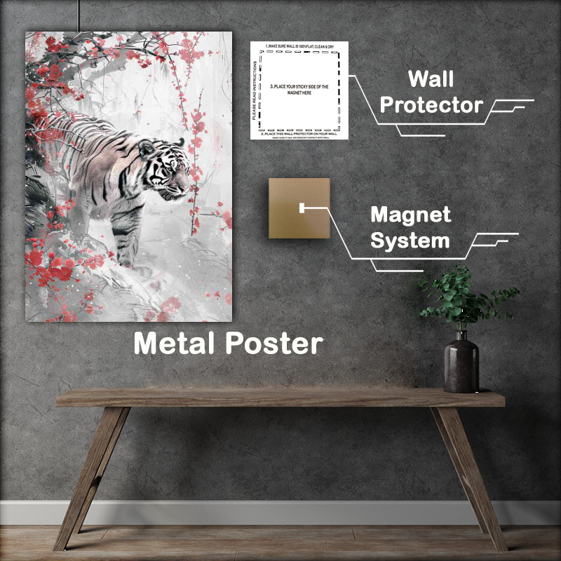 Buy Metal Poster : (White Tiger surrounded by blossom trees)