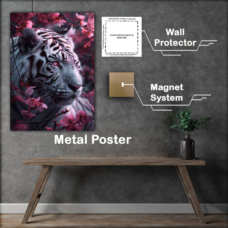 Buy Metal Poster : (White tiger with pink flowers)