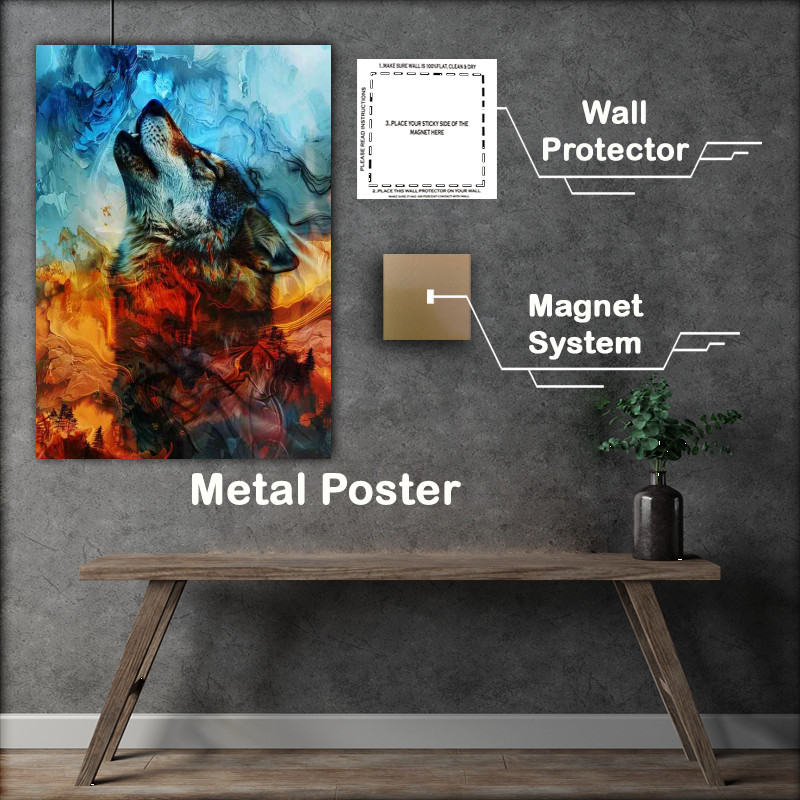 Buy Metal Poster : (Wolf howling orange and blue tones)