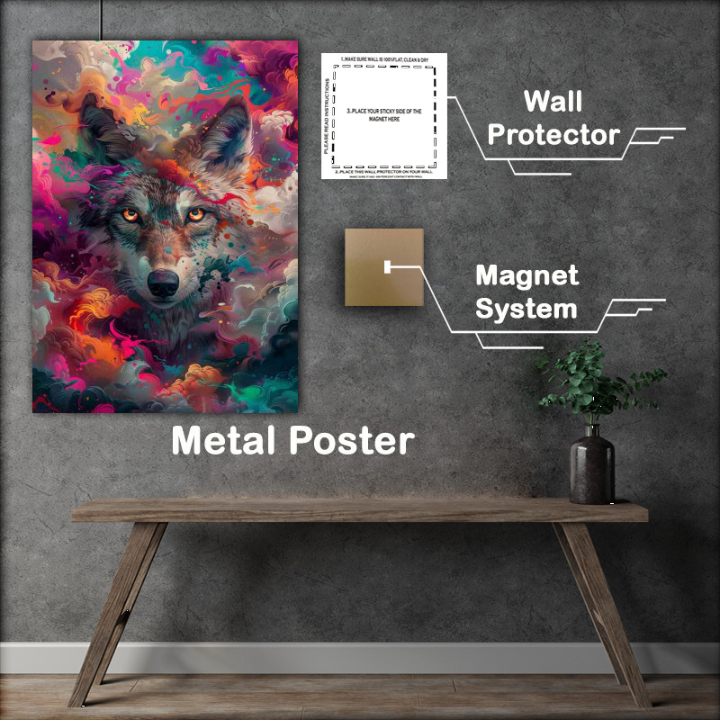 Buy Metal Poster : (Wolf with big eyes and colourful clouds)
