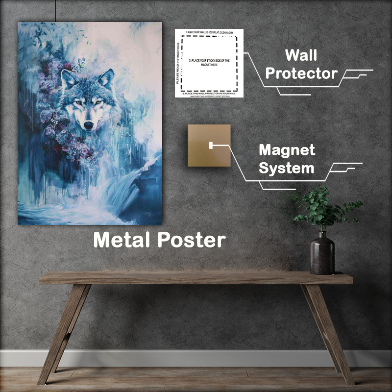 Buy Metal Poster : (Wolf with flowers in a waterfall)