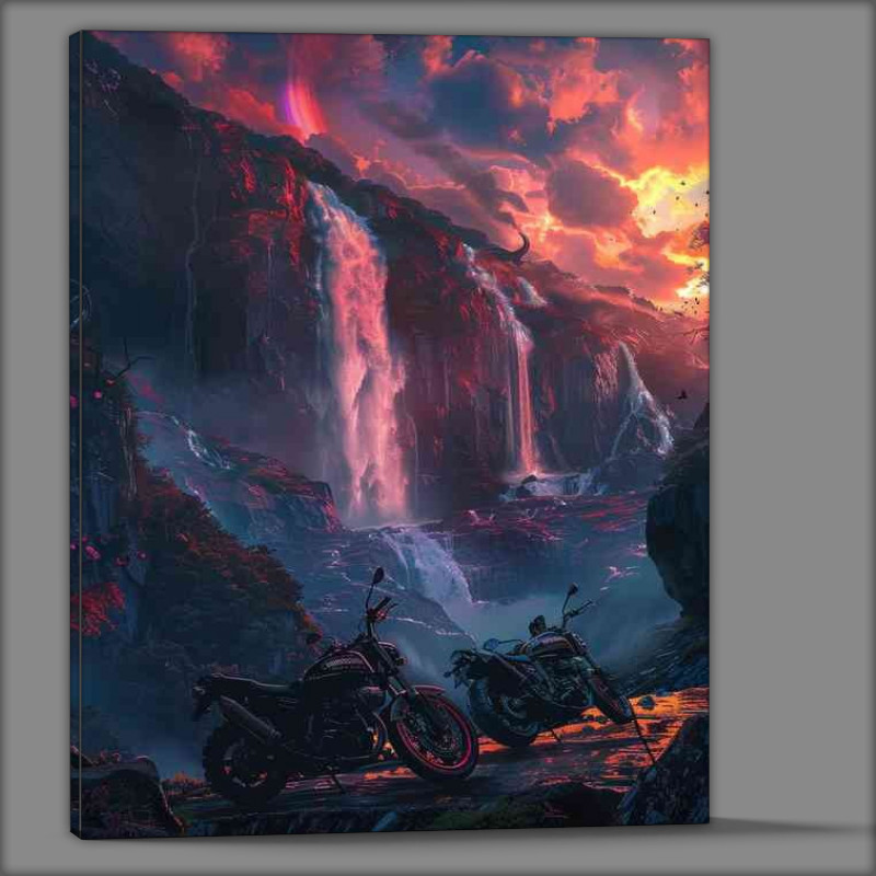 Buy Canvas : (Two motorcycles in front of a waterfall)