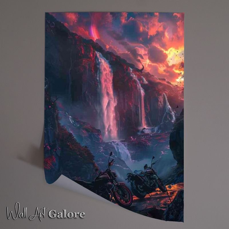Buy Unframed Poster : (Two motorcycles in front of a waterfall)