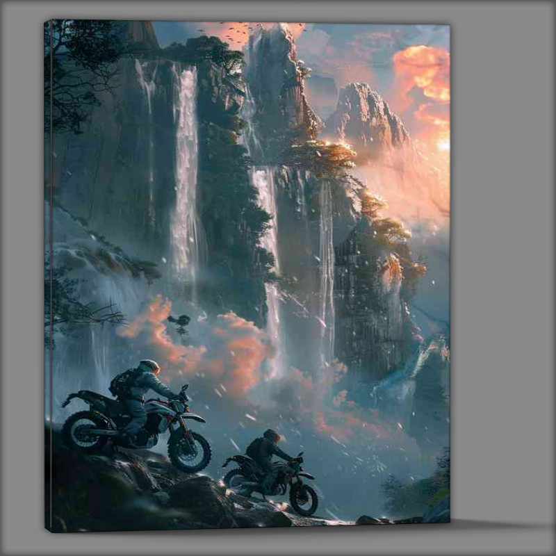Buy Canvas : (Two motorcycles riding by the waterfall)