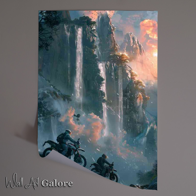 Buy Unframed Poster : (Two motorcycles riding by the waterfall)