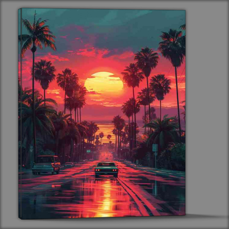 Buy Canvas : (Car drives down road amidst palm trees and at sunset)