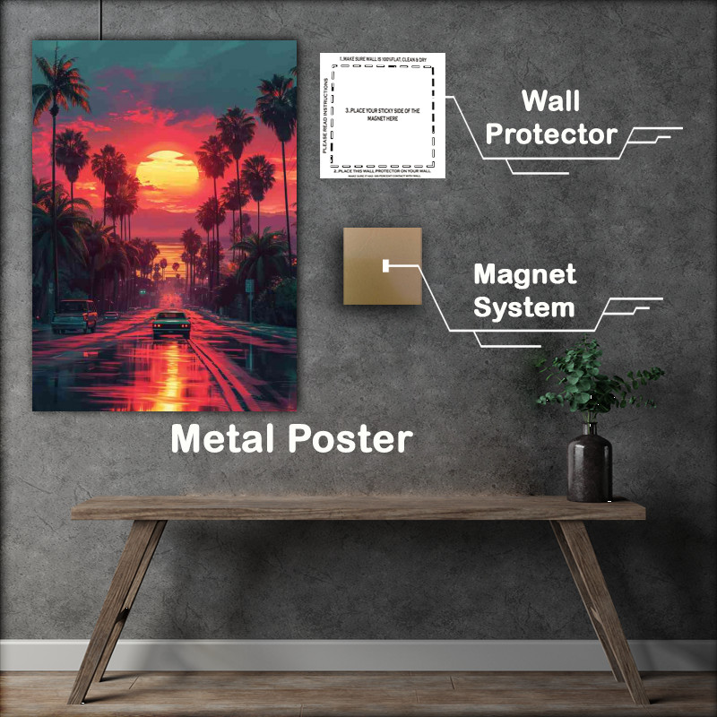 Buy Metal Poster : (Car drives down road amidst palm trees and at sunset)