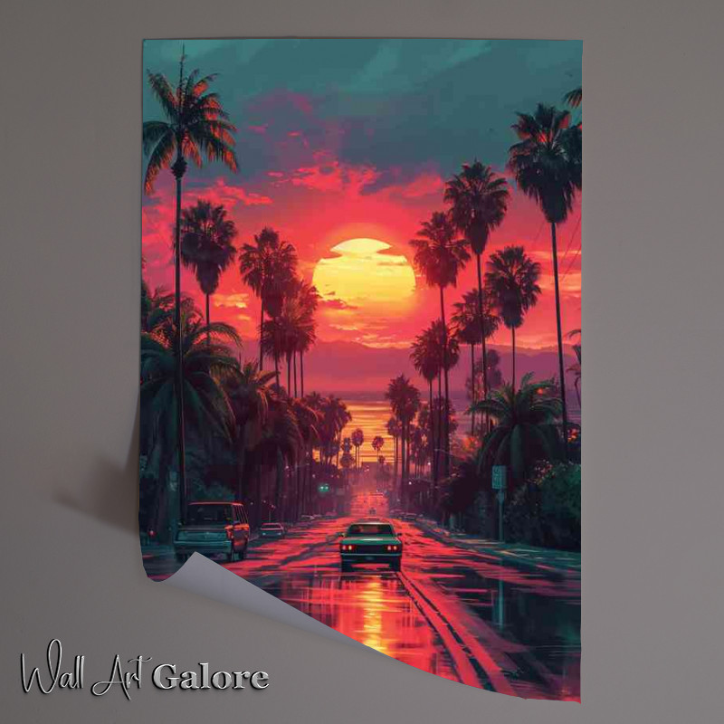 Buy Unframed Poster : (Car drives down road amidst palm trees and at sunset)