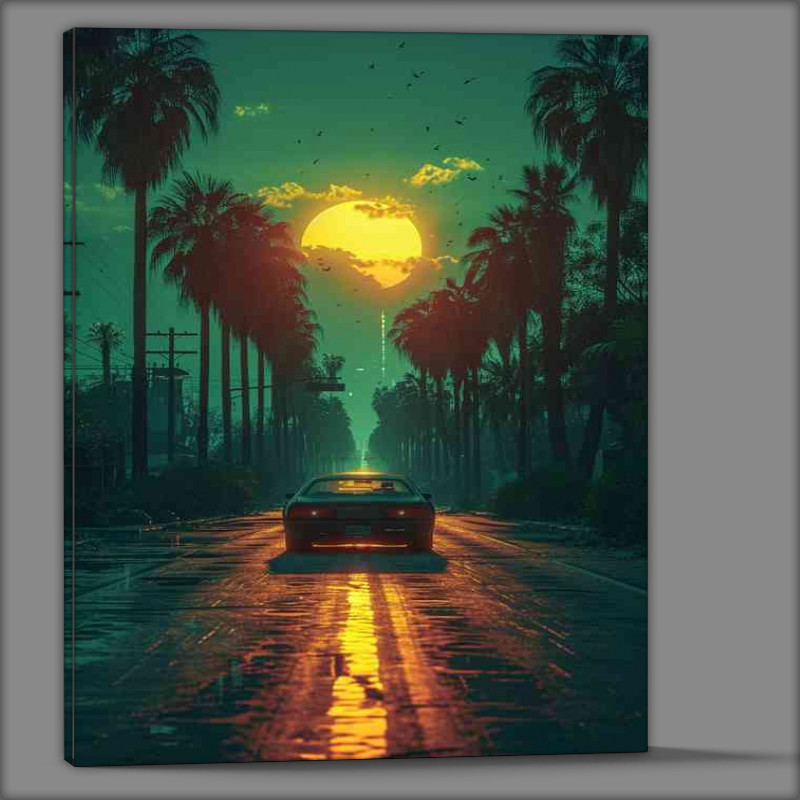 Buy Canvas : (Car drives down the road at sunset)