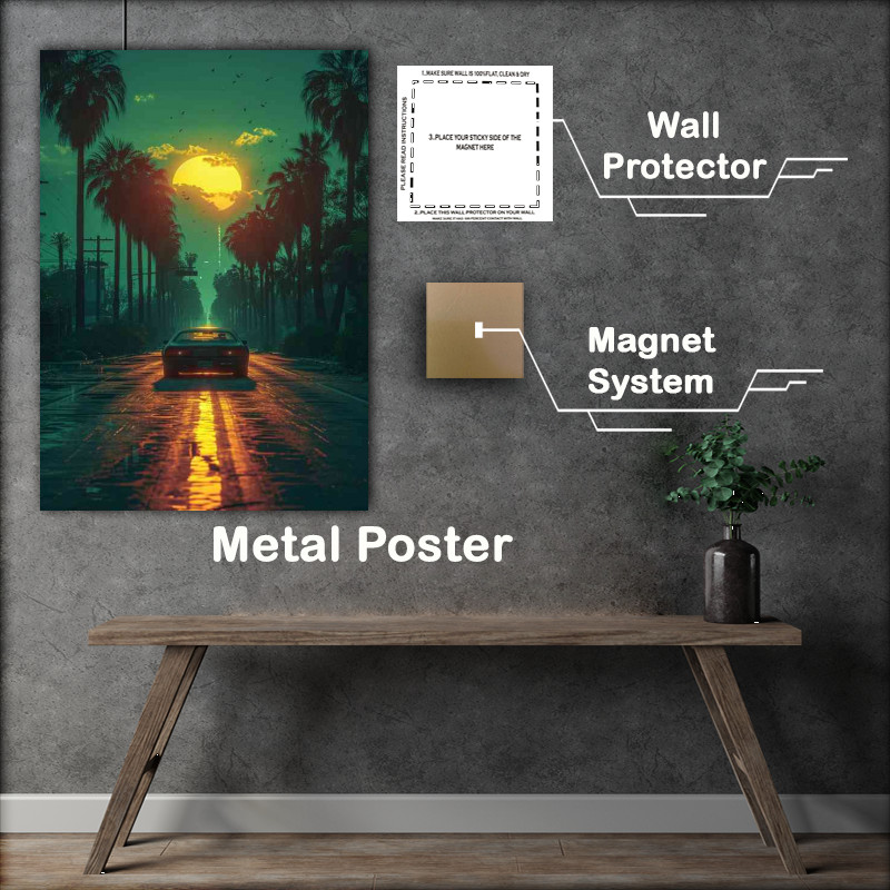 Buy Metal Poster : (Car drives down the road at sunset)