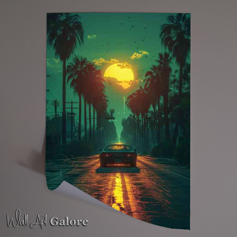 Buy Unframed Poster : (Car drives down the road at sunset)