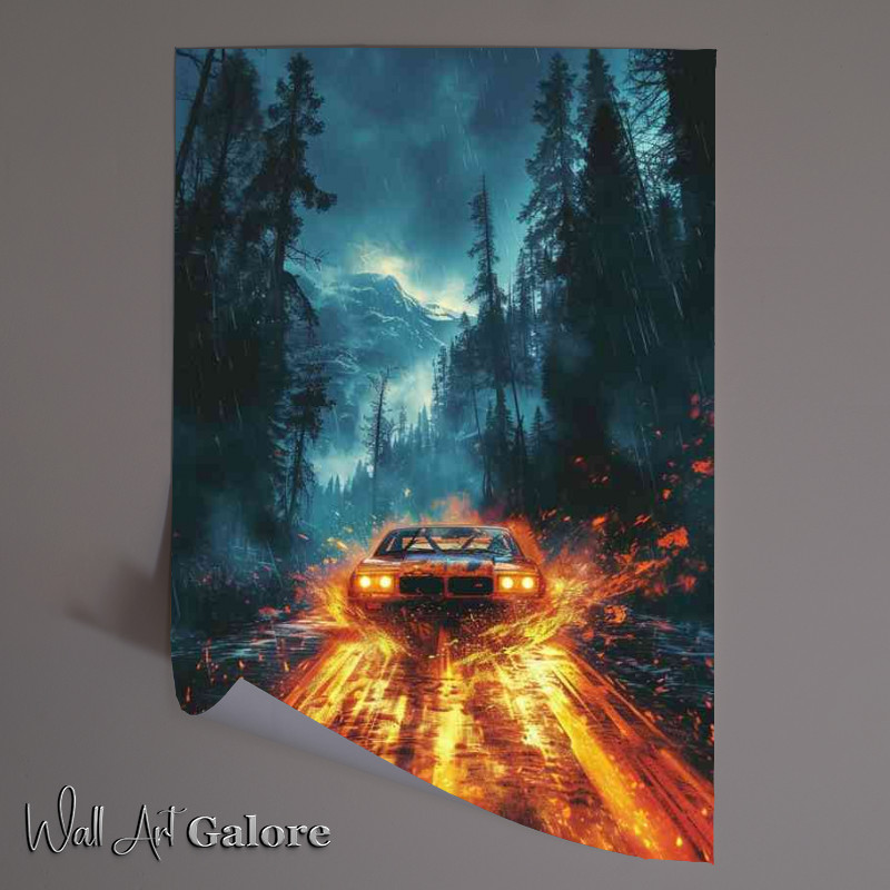 Buy Unframed Poster : (Car driving through the red flames in a forest)