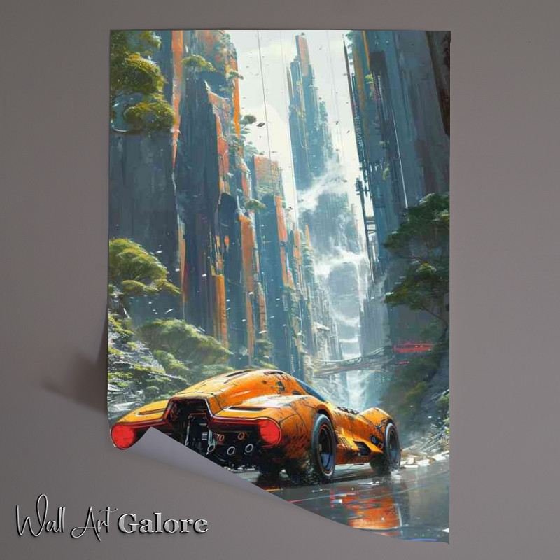 Buy Unframed Poster : (Futuristic car driving down the road in orange)