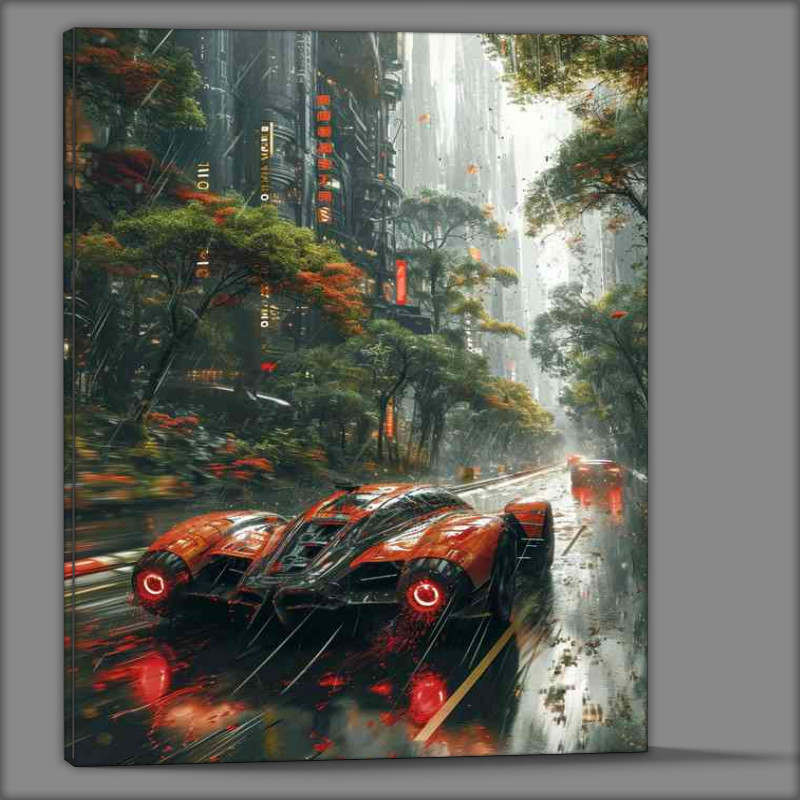 Buy Canvas : (Futuristic car driving through the rain)