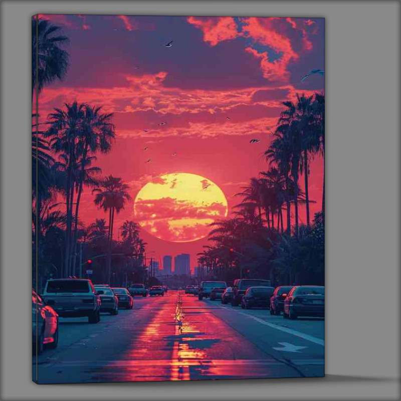 Buy Canvas : (Orange sunset driving down the strip)