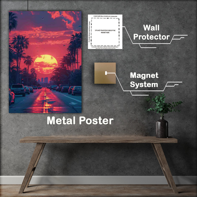 Buy Metal Poster : (Orange sunset driving down the strip)