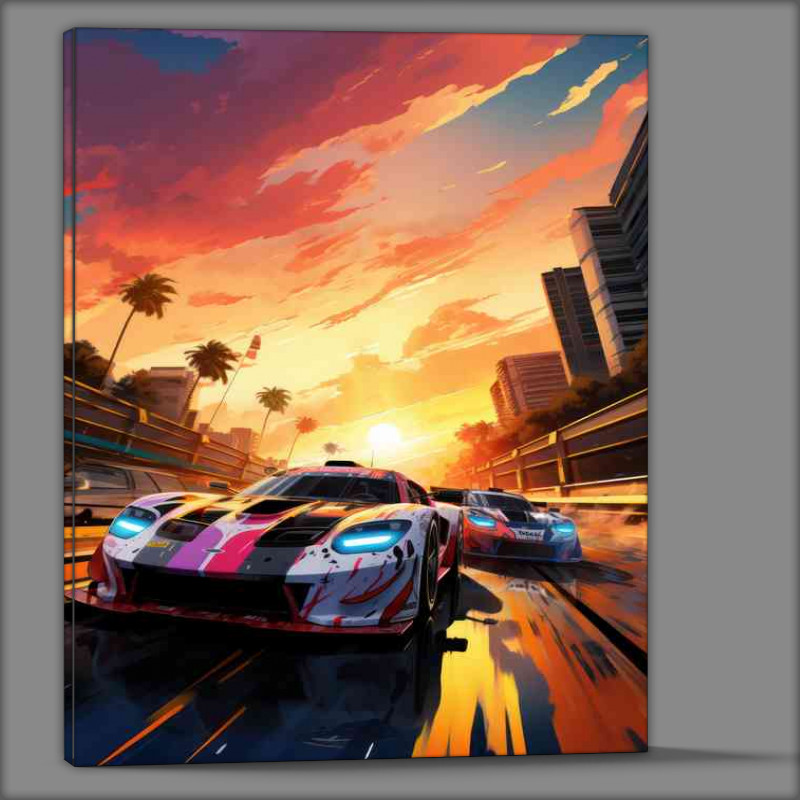 Buy Canvas : (Pink and black racing cars at sunset)