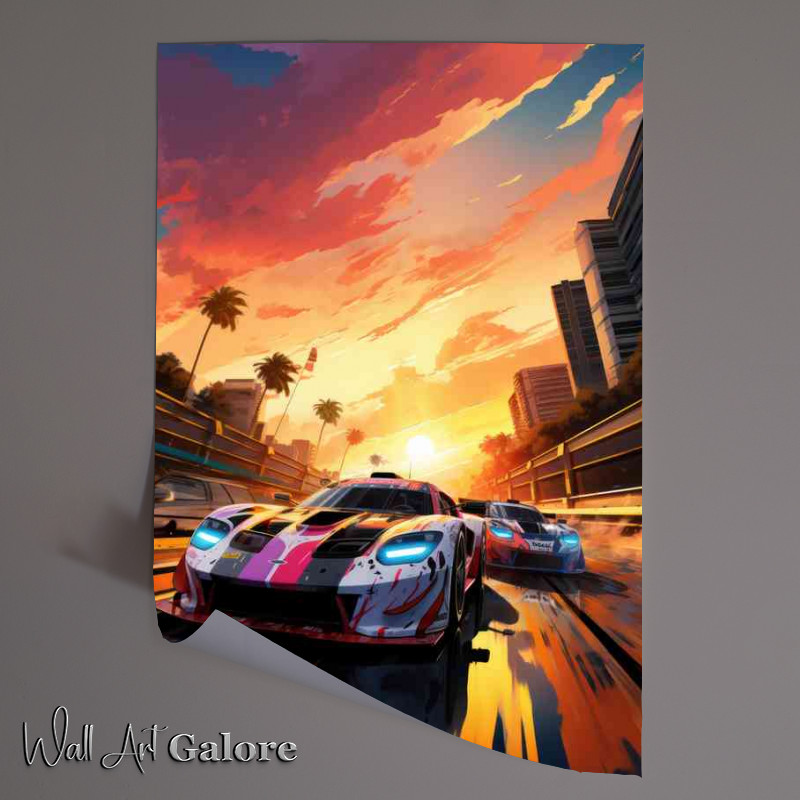 Buy Unframed Poster : (Pink and black racing cars at sunset)