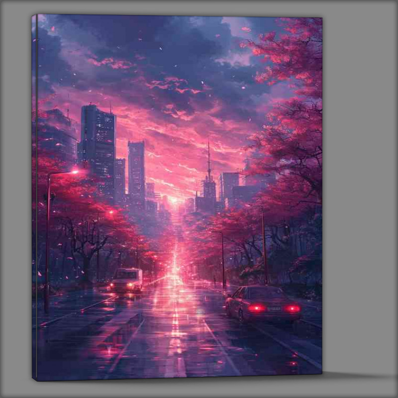 Buy Canvas : (Purple skyline cars driving)