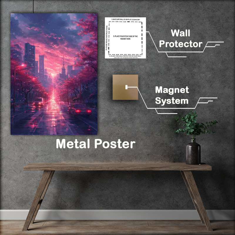 Buy Metal Poster : (Purple skyline cars driving)