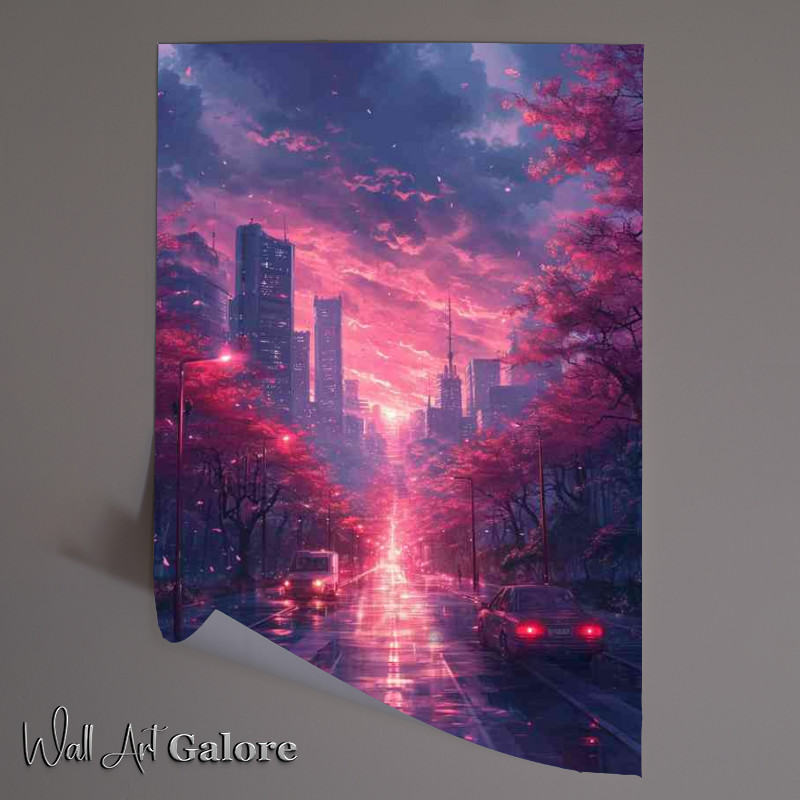 Buy Unframed Poster : (Purple skyline cars driving)