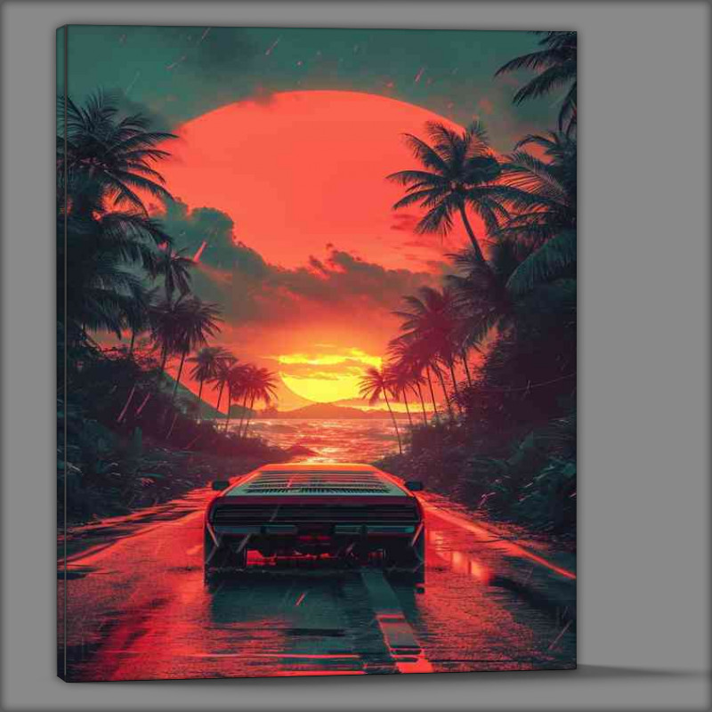 Buy Canvas : (Red sunset car driving down the road)