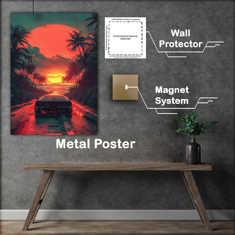 Buy Metal Poster : (Red sunset car driving down the road)