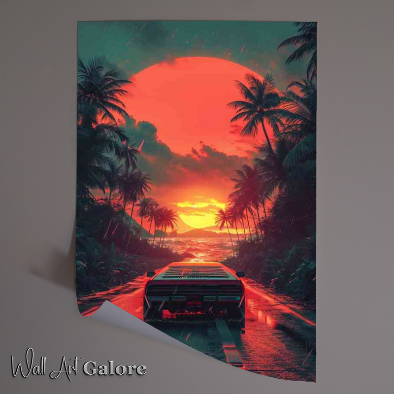 Buy Unframed Poster : (Red sunset car driving down the road)