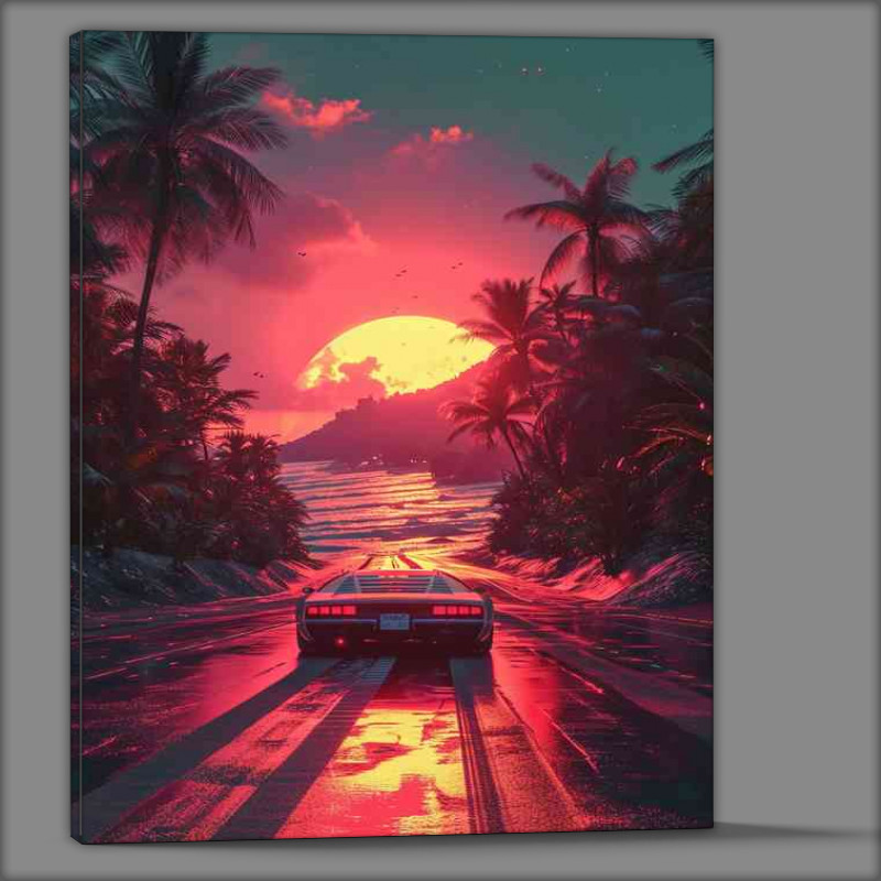 Buy Canvas : (Sunset car driving down the road)
