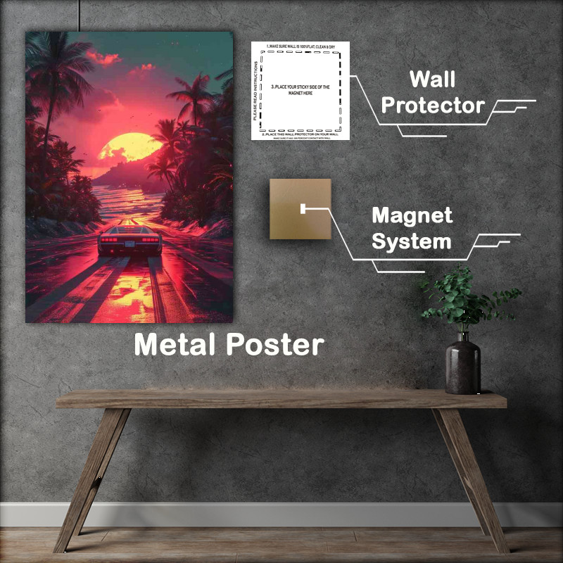 Buy Metal Poster : (Sunset car driving down the road)