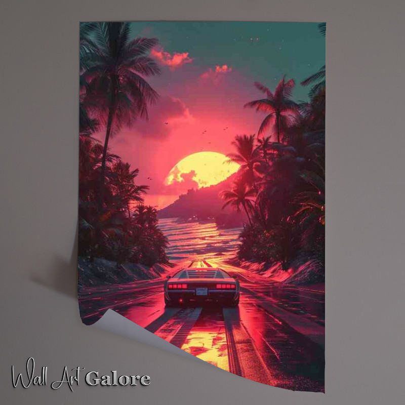 Buy Unframed Poster : (Sunset car driving down the road)