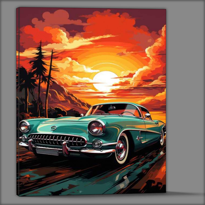 Buy Canvas : (The Green painted cadilac with sunset)