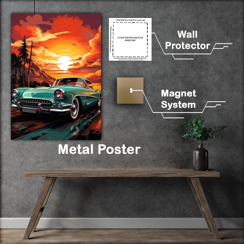 Buy Metal Poster : (The Green painted cadilac with sunset)