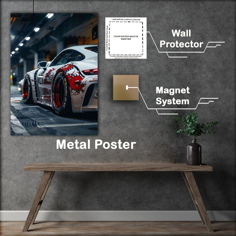 Buy Metal Poster : (White Porsche widebody Japanese dragons)