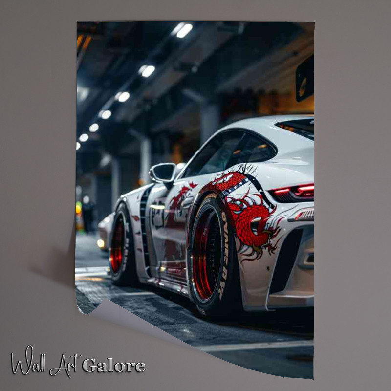 Buy Unframed Poster : (White Porsche widebody Japanese dragons)