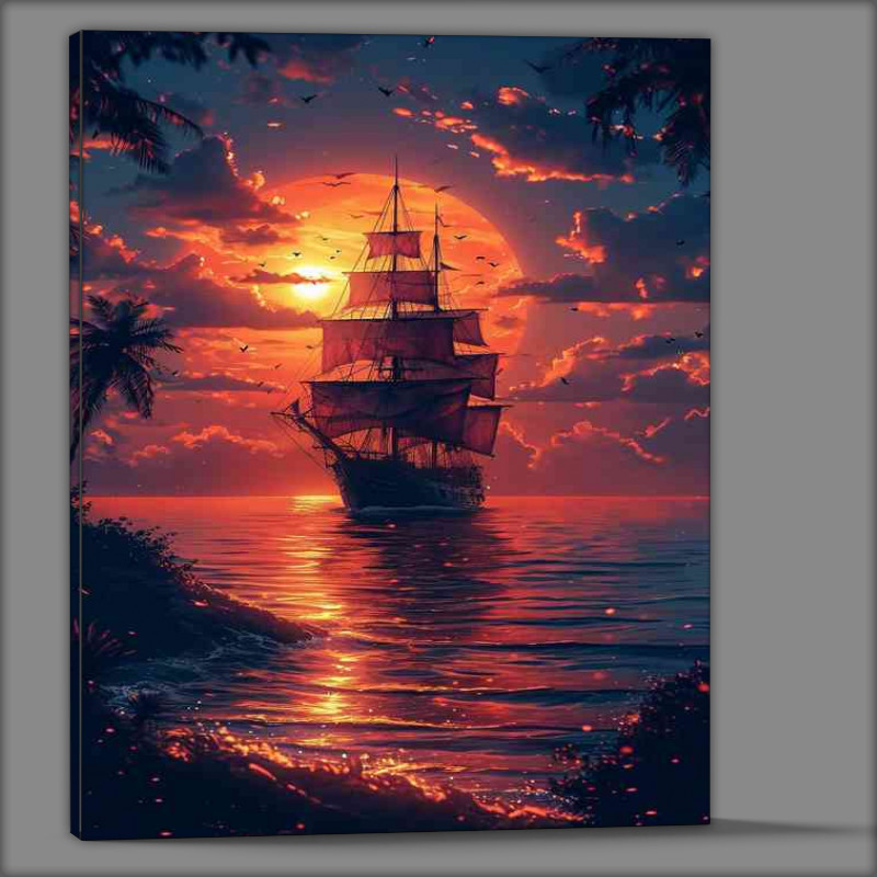 Buy Canvas : (Orange sunset with a docked pirate ship)