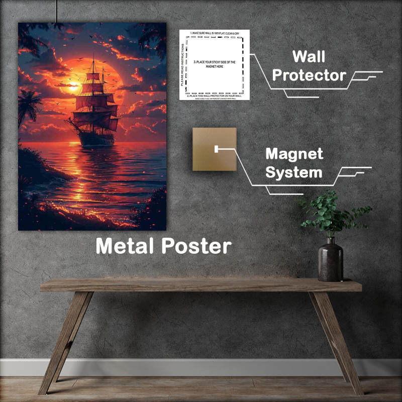 Buy Metal Poster : (Orange sunset with a docked pirate ship)