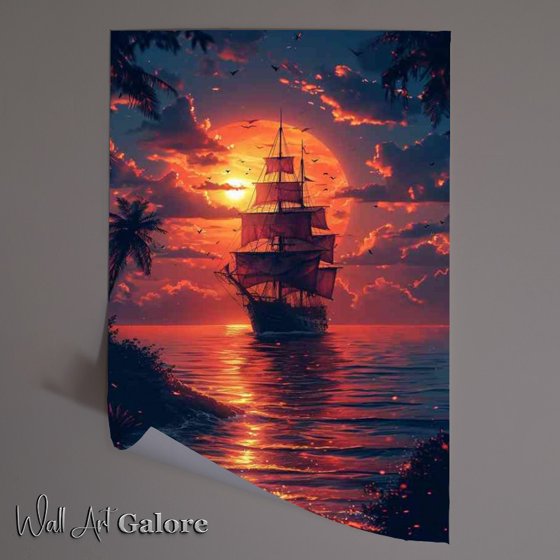 Buy Unframed Poster : (Orange sunset with a docked pirate ship)