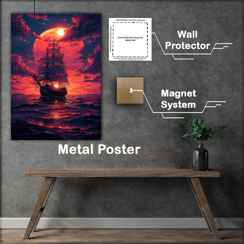 Buy Metal Poster : (Red Sunset and sailing ship)
