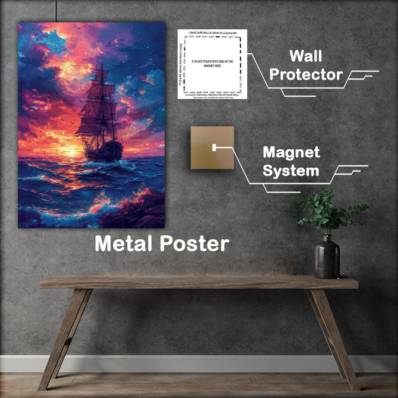 Buy Metal Poster : (Seascape with a pirate ship at dusk)