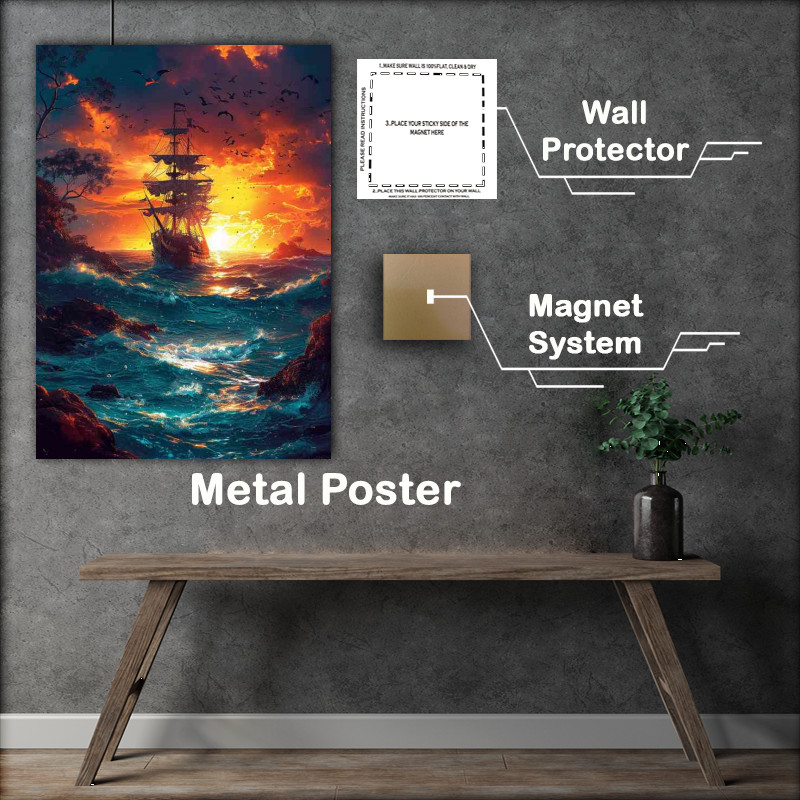 Buy Metal Poster : (Seascape with a pirate ship in the ocean)