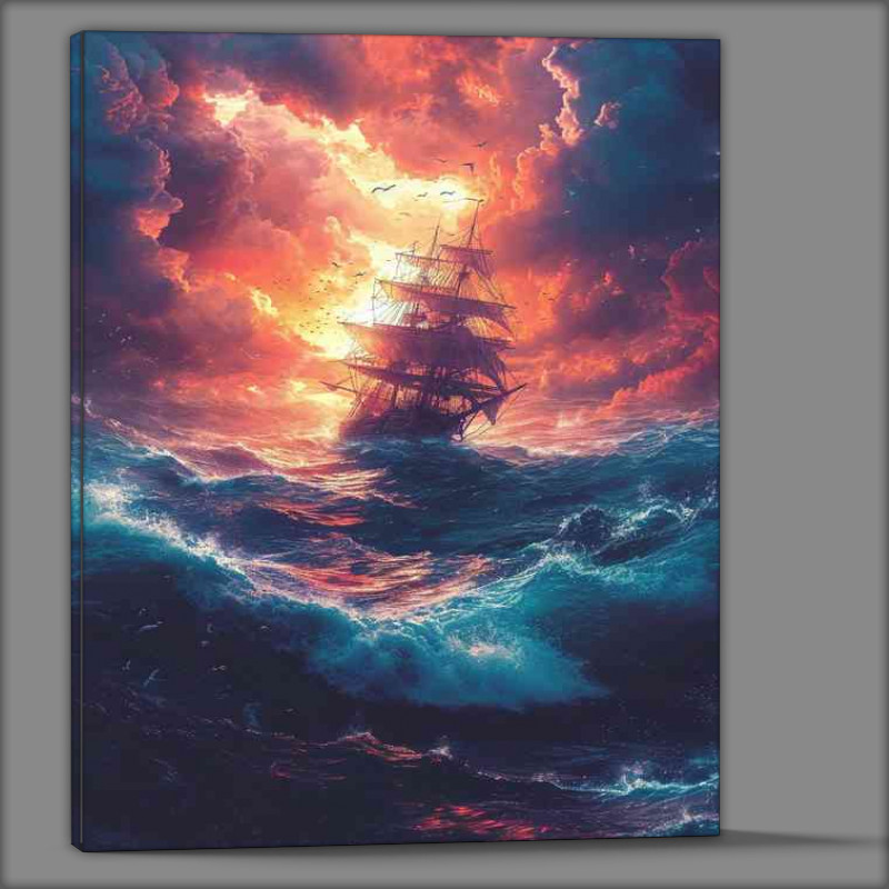 Buy Canvas : (Seascape with rough sea and a pirate ship)