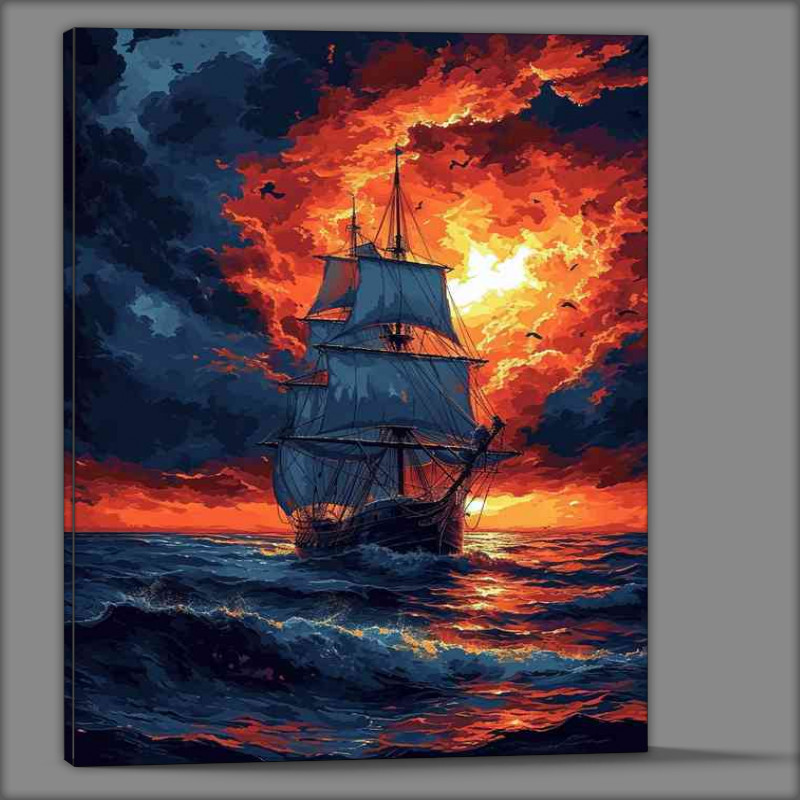 Buy Canvas : (Sunset with a ship on the rough sea)
