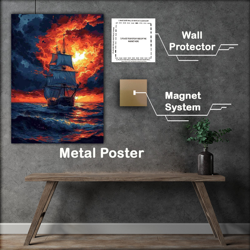 Buy Metal Poster : (Sunset with a ship on the rough sea)