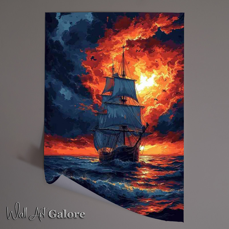 Buy Unframed Poster : (Sunset with a ship on the rough sea)