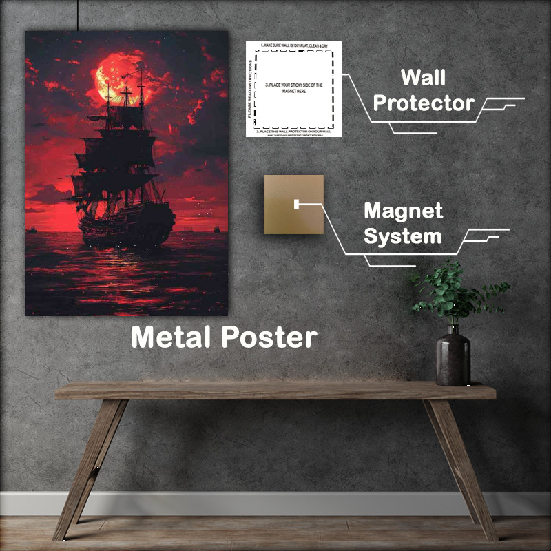 Buy Metal Poster : (The pirate ship under the red moonlit sky)