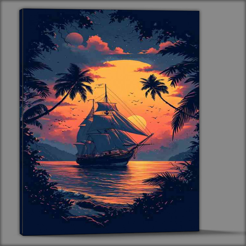 Buy Canvas : (Yellow setting sun and a sailing ship)
