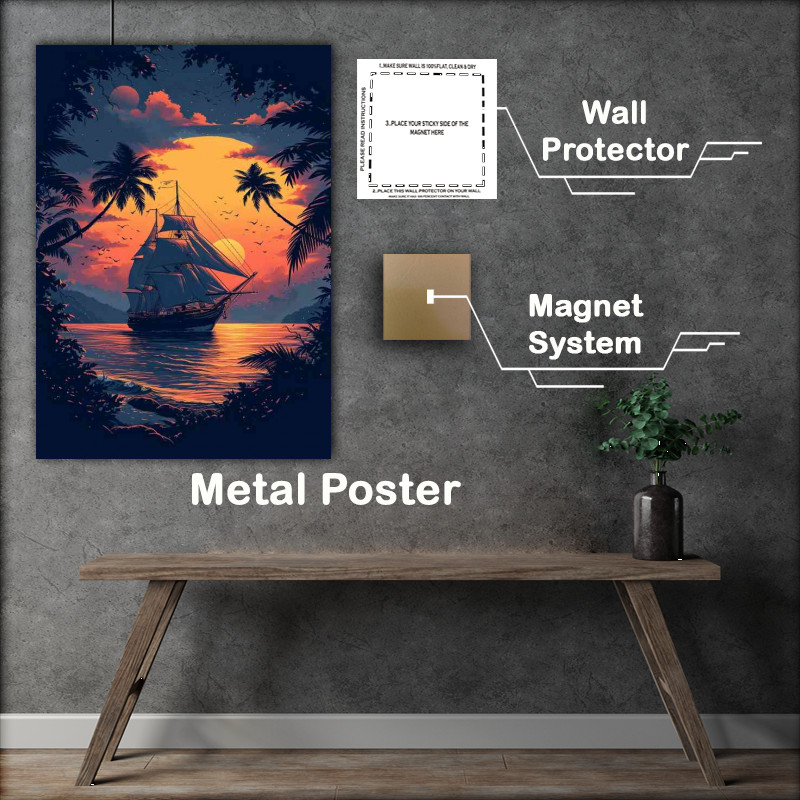 Buy Metal Poster : (Yellow setting sun and a sailing ship)